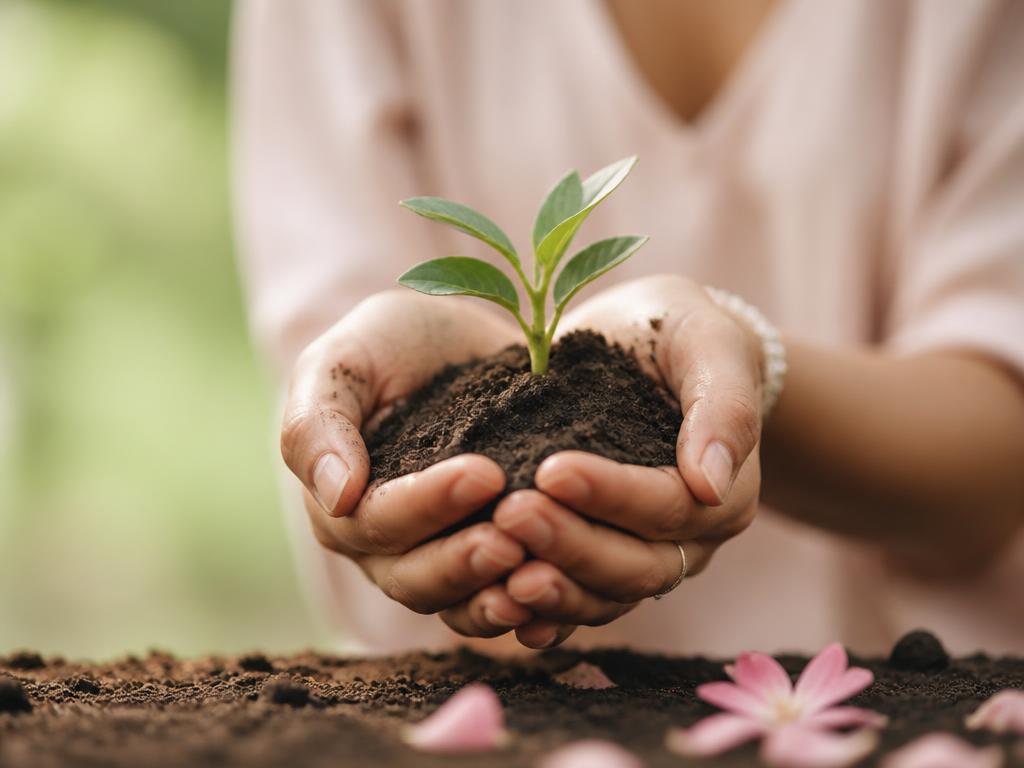 A woman's hands gently holding a small green seedling in soil, with soft sage green and blush pink tones