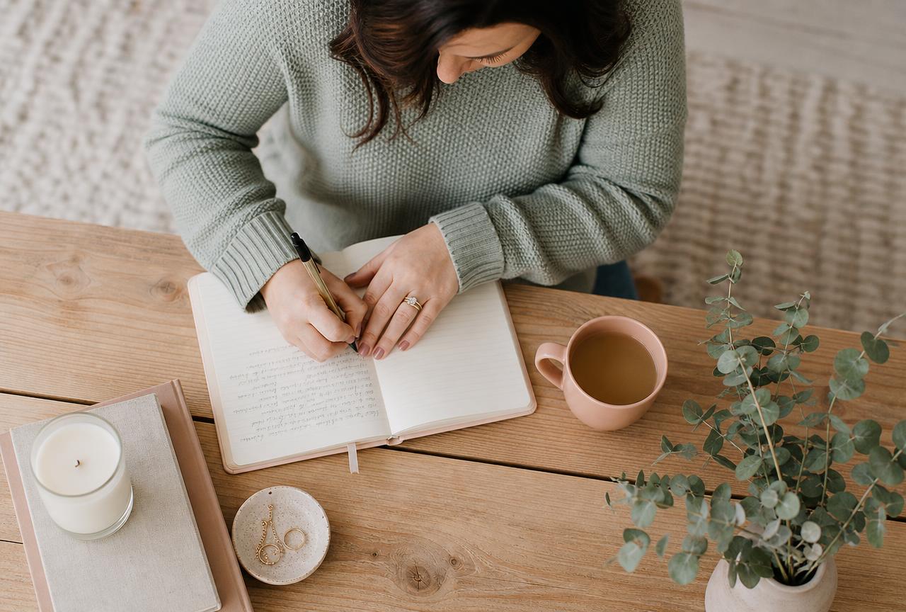 A woman in a cozy sage sweater writing in a journal with a cup of tea and eucalyptus nearby